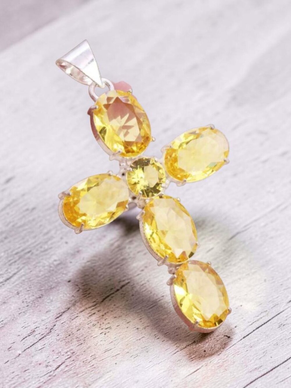 Citrine 925 Silver Plated Handmade Cross Pendant of 2.9"